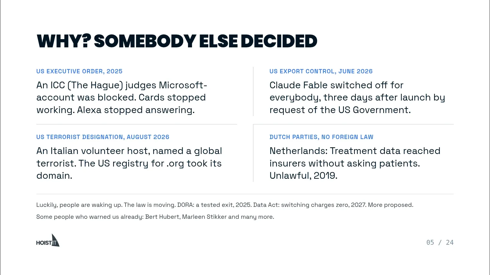 Slide: "Why? Somebody else decided". Four cases: an ICC judge in The Hague whose Microsoft account was blocked under a US executive order in 2025; Claude Fable switched off for everybody three days after launch at the request of the US government in June 2026; an Italian volunteer host named a global terrorist in August 2026, after which the US registry for .org took its domain; and Dutch treatment data that reached insurers without asking patients, ruled unlawful in 2019.